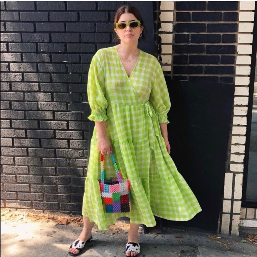 Urban Outfitters Donatella Gingham Crinkle Tiered Ruffle Wrap Dress